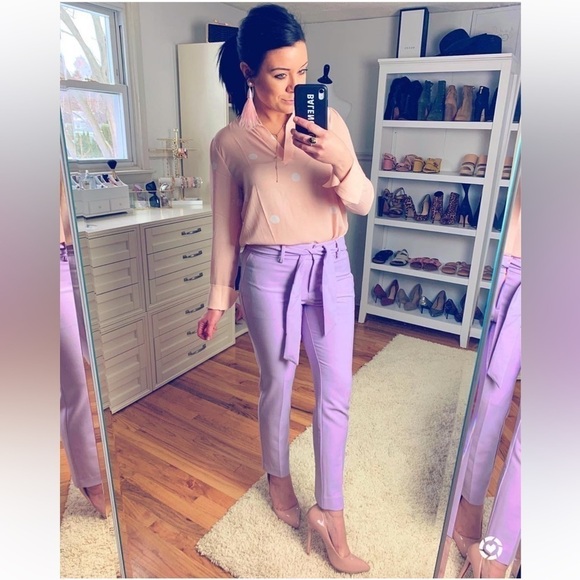 Loft Pale pastel pink white polka dot Sheer Button Front Collared Top sz small - Picture 8 of 11